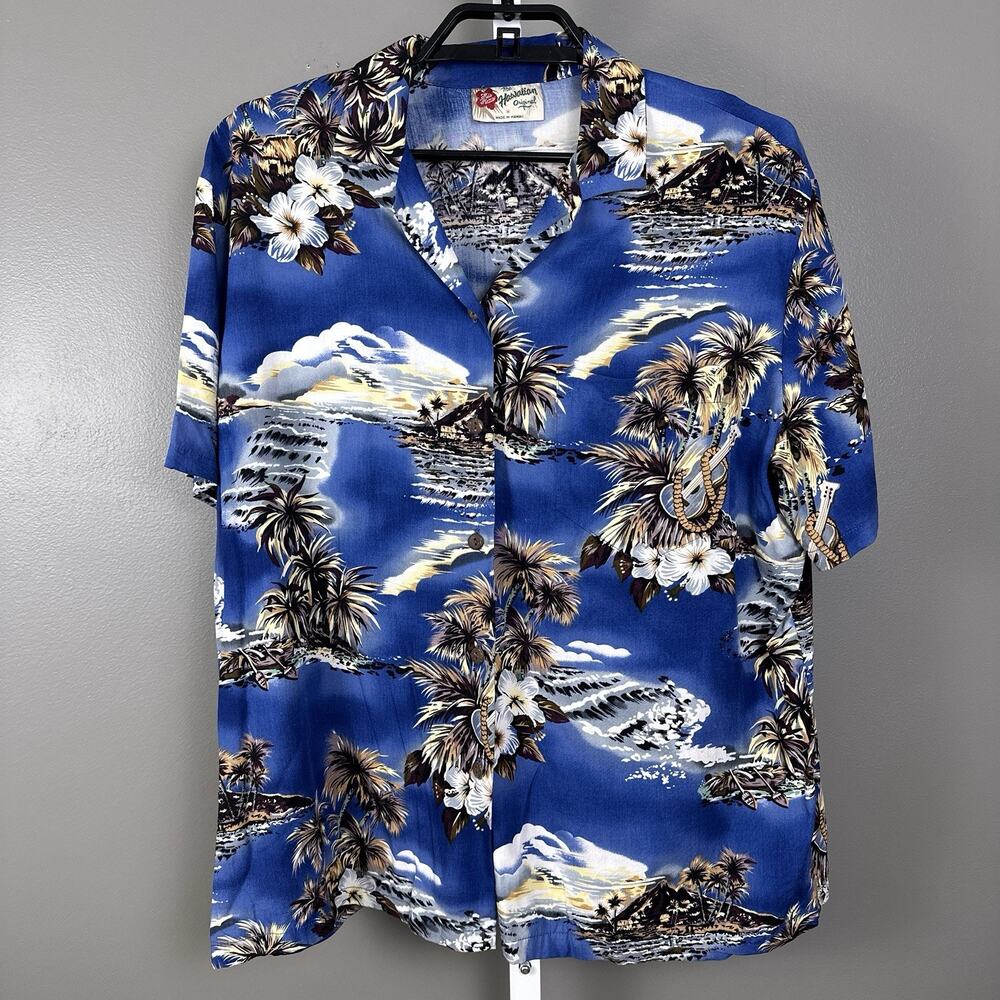 Vintage Hilo Hattie Hawaiian Shirt Medium Blue Rayon Ukulele Palm Tree Aloha USA